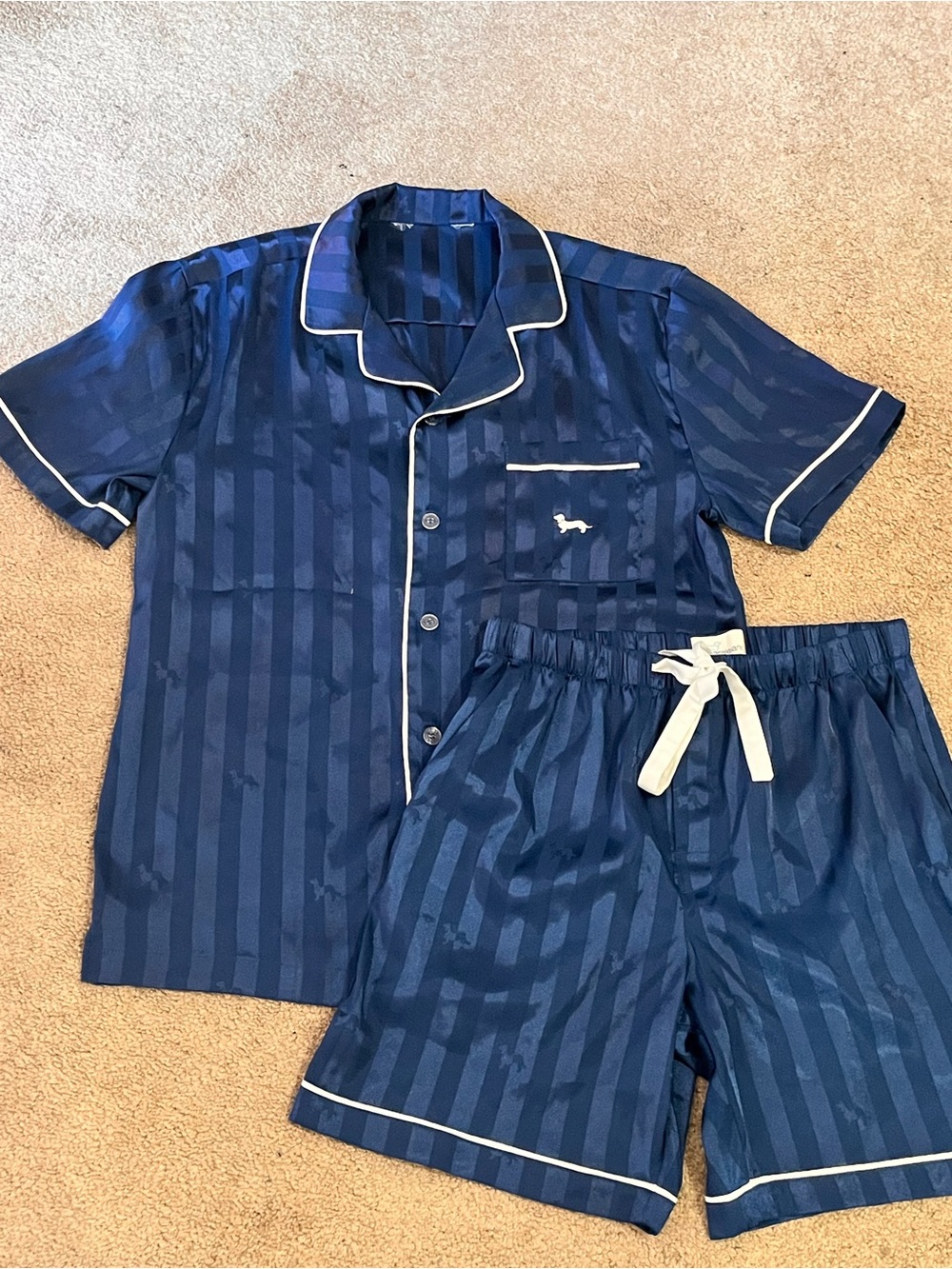 Peter Alexander Navy Blue Striped Short-Sleeve Pajama Set with White Trim